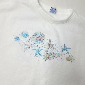 Esy sportswear vintage white sweatshirt with beach nautical rhinestones large.